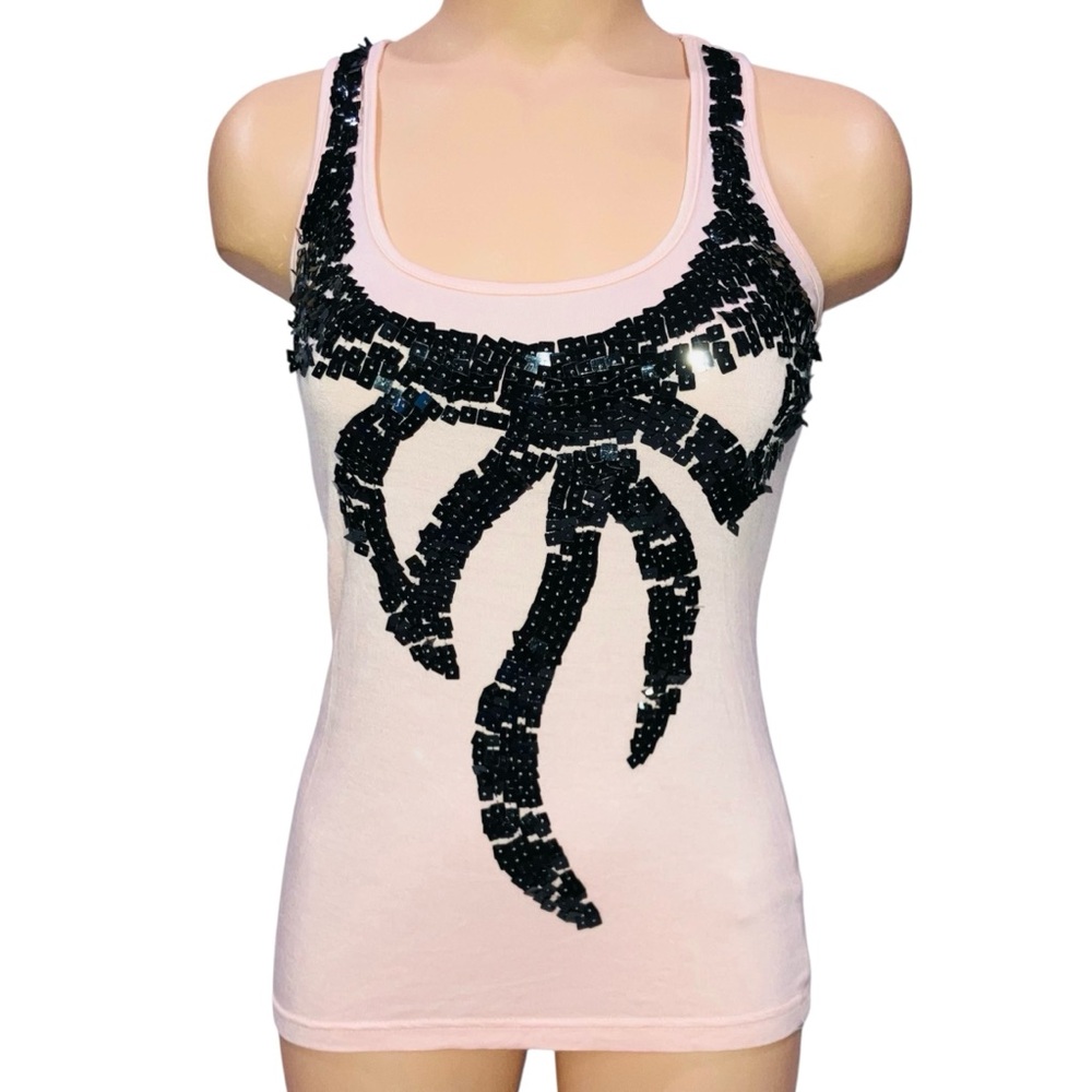 *5 for $25!* Y2K Forever 21 Pink Tank Top Black Sequin Bow Coquette Girl Sz S - Picture 2 of 5